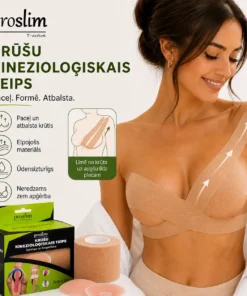 Sieviete ar Proslim krūšu kinezioloģisko teipu, kas uzlīmēts no krūts apakšdaļas uz augšu līdz plecam, lai vizuāli paceltu un atbalstītu krūtis.