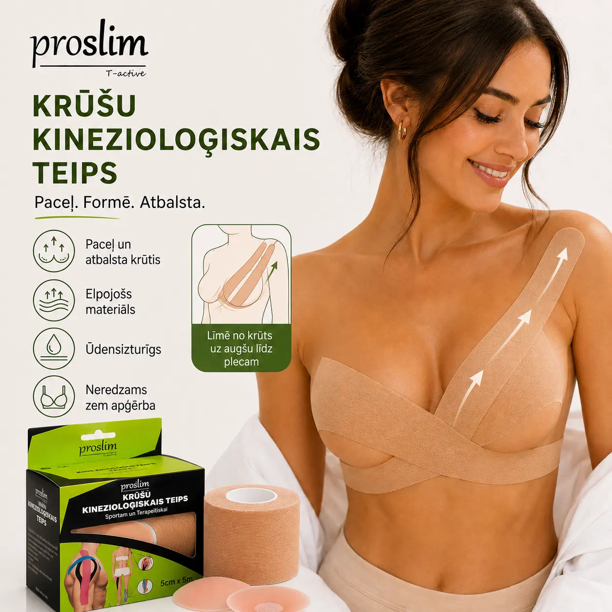Sieviete ar Proslim krūšu kinezioloģisko teipu, kas uzlīmēts no krūts apakšdaļas uz augšu līdz plecam, lai vizuāli paceltu un atbalstītu krūtis.